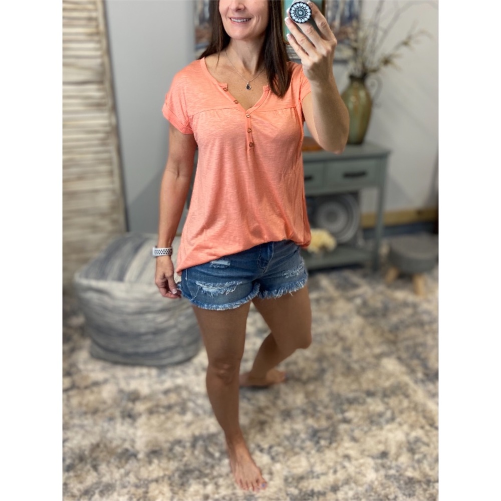 Melange Henley V-neck Floaty Cuffed Tabbed Short Sleeve Floaty Tee Peach 0523 - Picture 6 of 12